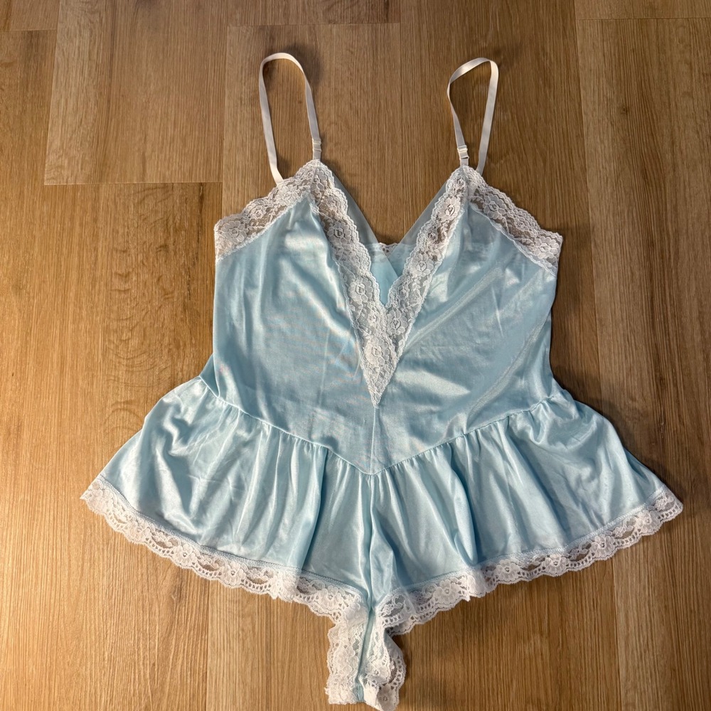 Vintage Delicates Teddy Romper Blue Lace Trim Lingerie Medium Made in USA Bridal
